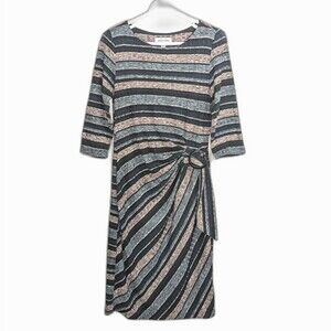 Women's Large Dress Shelby Palmer Brown Blue Stripe Midi Stretch With Side Ring